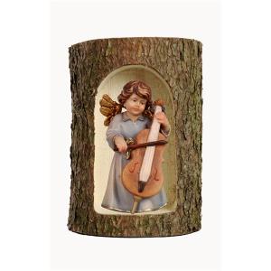 Bell angel, stand.with duble-bass in a tree trunk