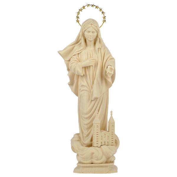 Madonna Medjugorje mit Kirche mit Schein 12 Sterne - Lindenholz geschnitzt - natur