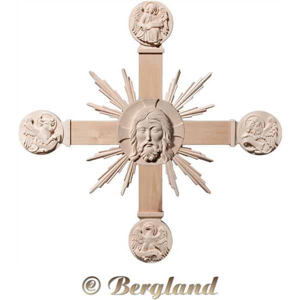 Kreuz mit Evangelisten, Christuskopf und Strahlen - natur